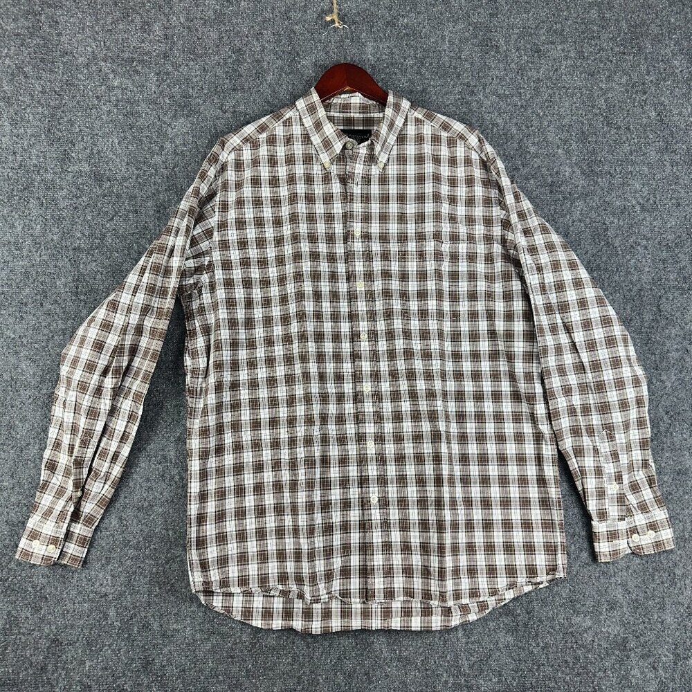Eddie Bauer Shirt Mens Large Tall Brown White Plaid Cotton Pocket Button Down